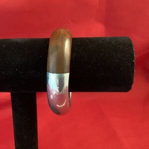 Silver tone half metallic half wood bangle bracelet